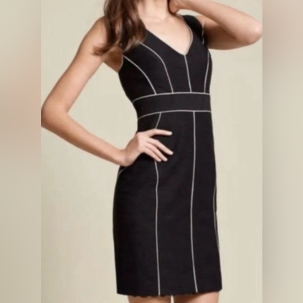 Trina Turk elegant sleeveless black sheath dress with white piping, size 2